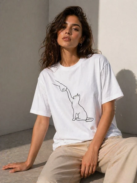 Kadın Minimal Kedi Çizim Baskılı Tişört Kısa Kol Yazlık T-Shirt - Beyaz ürün görseli 1