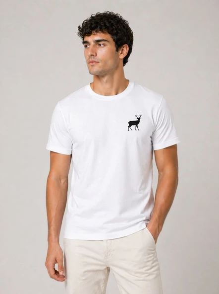 Erkek Minimal Geyik Logolu Tişört Bisiklet Yaka Kısa kol Yazlık T-Shirt - Beyaz ürün görseli 1