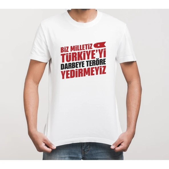 15 Temmuz Demokrasi Milli Birlik YEDİRMEYİZ Baskılı Bisiklet Yaka T-shirt - Beyaz ürün görseli 1