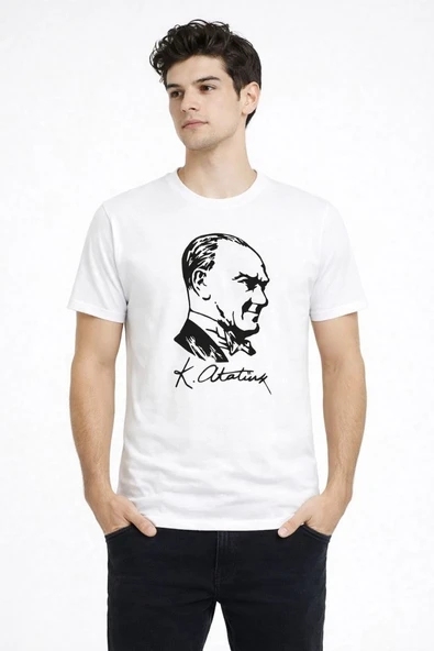 Erkek Atatürk Baskılı Tişört Kısa Kollu Bisiklet Yaka T-Shirt - Beyaz ürün görseli 1