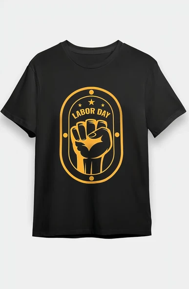 1 Mayıs Labor Day Emekçi Temalı Baskılı Oversize Bisiklet Yaka T-shirt - Siyah ürün görseli 1