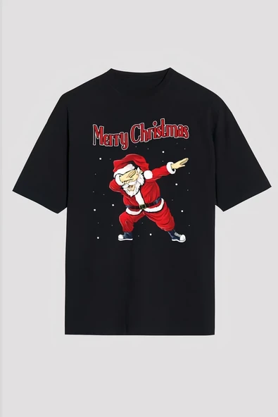 Yılbaşı Merry Christmas Noel Baba Baskılı Oversize Bisiklet Yaka T-shirt - Siyah ürün görseli 1
