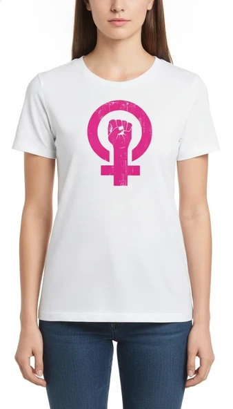 8 Mart Dünya Kadınlar Günü Baskılı Oversize Bisiklet Yaka T-shirt - Beyaz ürün görseli 1