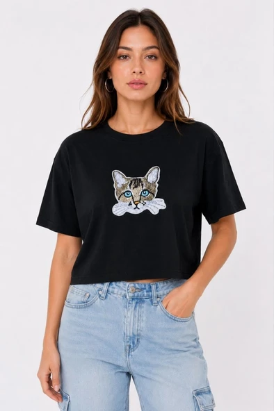 Kadın Kedi Baskılı Oversize Crop Tişört Salaş Basic Yarım Kol T-shirt - Siyah ürün görseli 1