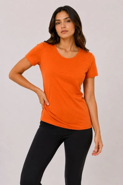 Kadın Basic Tişört Bisiklet Yaka Kısa Kol Günlük Yazlık Slim fit T-Shirt - Turuncu ürün görseli 1
