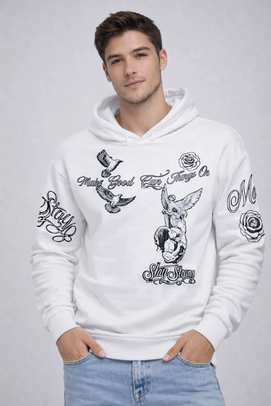 Erkek 3 İplik Pamuklu Kapüşonlu Baskılı SweatShirt hoodie - Beyaz ürün görseli 1