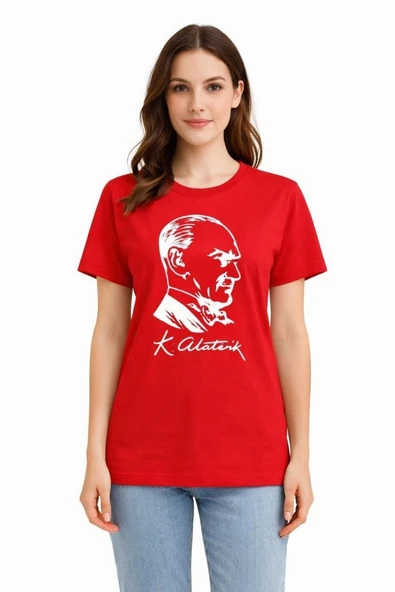 Kadın Atatürk Baskılı Tişört Kısa Kollu Bisiklet Yaka T-Shirt - Kırmızı ürün görseli 1