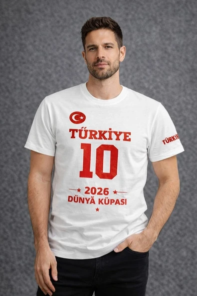 Erkek TÜRKİYE Baskılı Tişört 2026 Dünya Kupası Taraftar Forma T-Shirt - Beyaz ürün görseli 1