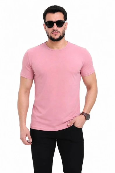 Erkek Basic Tişört Bisiklet Yaka Kısa Kol Günlük Yazlık Slim fit T-Shirt - Pembe ürün görseli 1