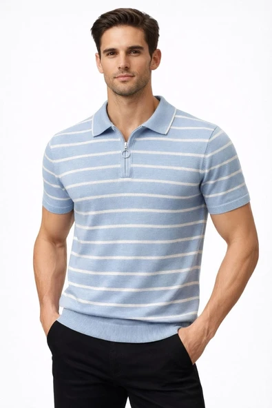 Erkek Triko Polo Yaka Fermuarlı Çizgili Tişört T-Shirt Yazlık Şık - Bebek Mavisi ürün görseli 1