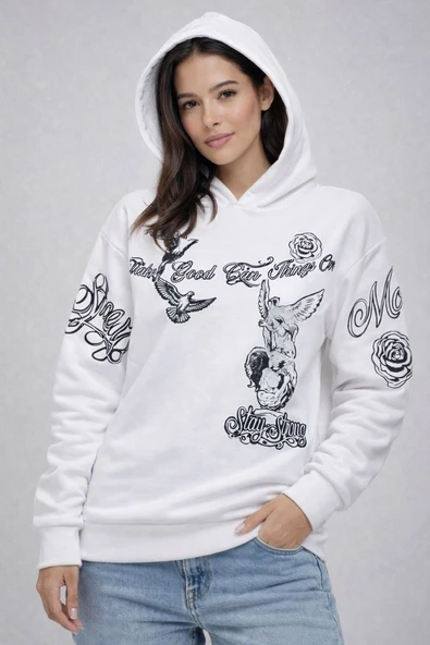 Kadın 3 İplik Pamuklu Kapüşonlu Baskılı SweatShirt hoodie - Beyaz ürün görseli 1