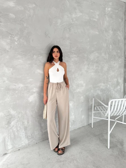 Kadın Ayrobin Oversize Kadın Pantalon - Bej - Resim 6