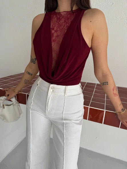 Kadın Dantel Detaylı Derin Dekolte Body Şık Kolsuz Yazlık Bodysuit - Bordo ürün görseli 1