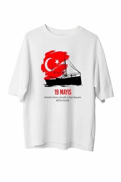 19 Mayıs Atatürk'ü Anma Gençlik ve Spor Bayramı Baskılı Oversize T-shirt - Beyaz ürün görseli 1