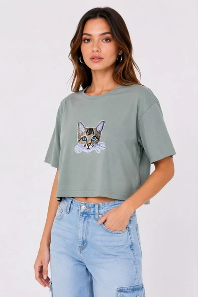 Kadın Kedi Baskılı Oversize Crop Tişört Salaş Basic Yarım Kol T-shirt - Mint Yeşili ürün görseli 1