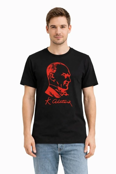 Erkek Atatürk Baskılı Tişört Kısa Kollu Bisiklet Yaka T-Shirt - Siyah ürün görseli 1
