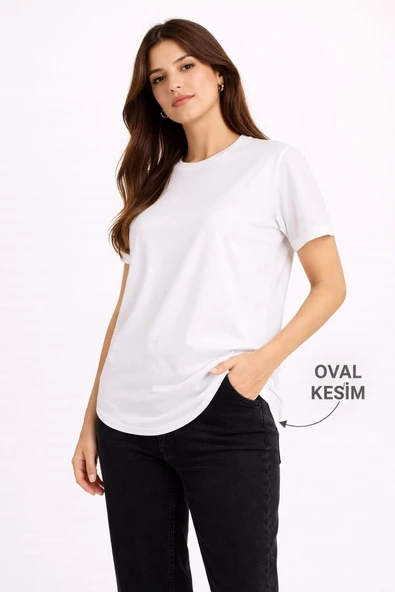 Kadın Basic T-Shirt Kısa Kol Bisiklet Yaka Oval Kesim Tişört - Beyaz ürün görseli 1