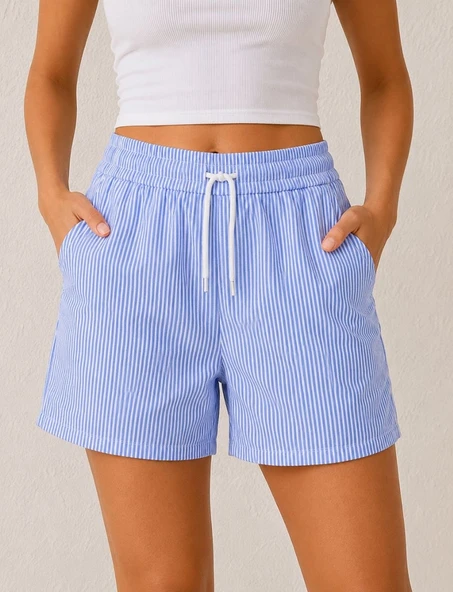Kadın Su Yolu Çizgili Şort Ön Arka Cepli Lastikli Bel Regular Fit Yazlık Şort - Mavi ürün görseli 1