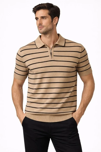 Erkek Triko Polo Yaka Fermuarlı Çizgili Tişört T-Shirt Yazlık Şık - Kahverengi ürün görseli 1