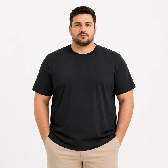 Erkek Battal Big Size Basic Tişört Bisiklet Yaka Rahat Kalıp T-Shirt - Siyah ürün görseli 1