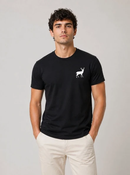 Erkek Minimal Geyik Logolu Tişört Bisiklet Yaka Kısa kol Yazlık T-Shirt - Siyah ürün görseli 1