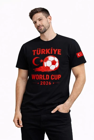 Erkek Türkiye World Cup 2026 Baskılı Tişört Futbol Temalı Forma T-Shirt - Siyah ürün görseli 1