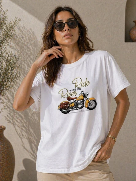 Kadın Motosiklet Baskılı Tişört Bisiklet Yaka Kısa Kol Yazlık T-Shirt - Beyaz ürün görseli 1