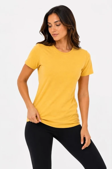 Kadın Basic Tişört Bisiklet Yaka Kısa Kol Günlük Yazlık Slim fit T-Shirt - Sarı ürün görseli 1