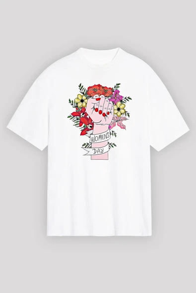 8 Mart Dünya Kadınlar Günü Baskılı Oversize Bisiklet Yaka T-shirt - Beyaz ürün görseli 1