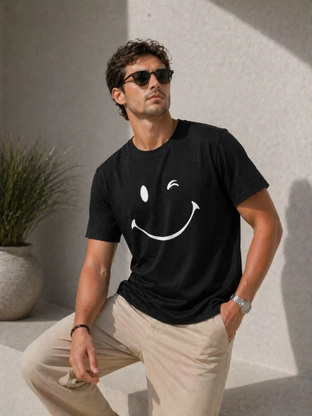 Erkek Minimal Gülümseyen Yüz Baskılı Tişört Kısa Kol Yazlık T-Shirt - Siyah ürün görseli 1