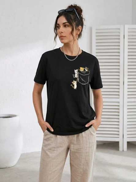 Kadın Sevimli Kedi Cep Baskılı Tişört Kısa Kol Yazlık T-Shirt - Siyah ürün görseli 1