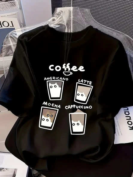 Kadın Kısa Kol Yazlık Tişört Bisiklet Yaka Baskılı Oversize T-Shirt - Siyah ürün görseli 1