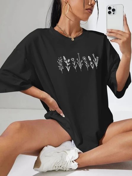 Kadın Baskılı T-Shirt Kısa Kol Bisiklet Yaka Oversize Rahat Kalıp Tişört - Siyah ürün görseli 1