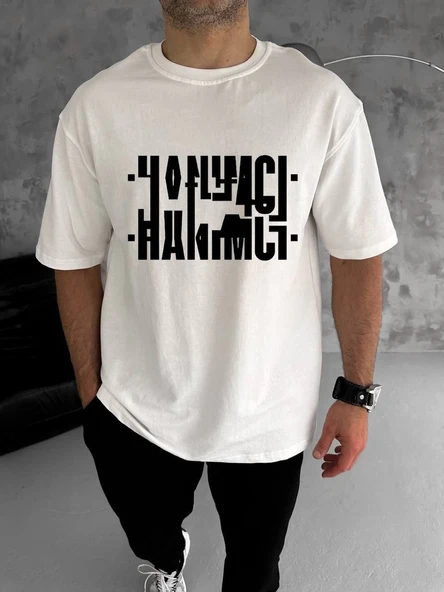 Erkek Tişört Kısa Kol Bisiklet Yaka Katlanan HANIMCI Baskılı T-Shirt - Beyaz ürün görseli 1