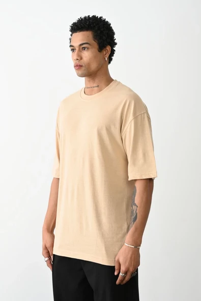 Erkek Tişört Düz Basic Penye Yazlık Bisiklet Yaka Kısa Kol T-Shirt - Bej ürün görseli 1