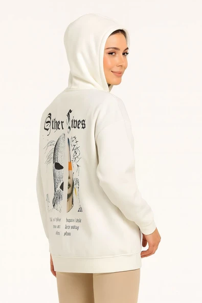 Kadın Kapüşonlu Kanguru Cepli Sweatshirt 3 İplik Pamuklu Baskılı Hoodie - Beyaz ürün görseli 1