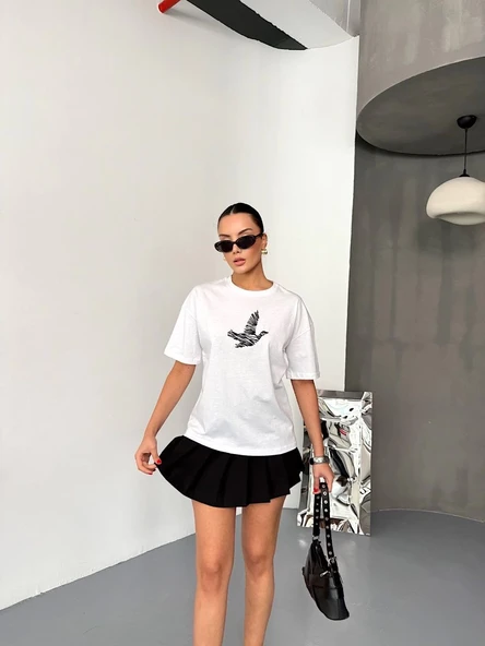 KADIN Baskılı T-Shirt Kısa Kol Bisiklet Yaka Regular Fit Yazlık Tişört - Beyaz ürün görseli 1