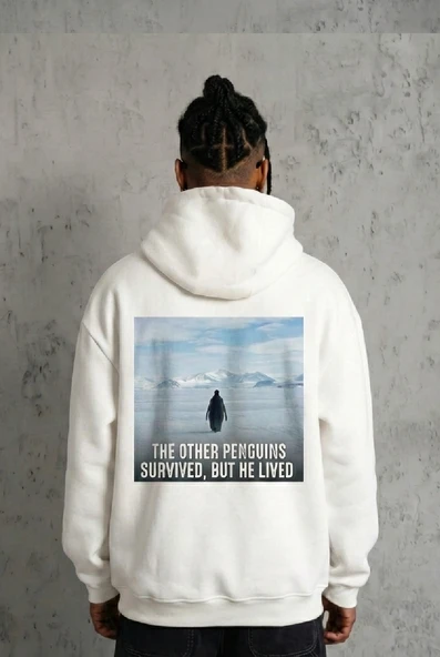 Erkek Survivor Penguin Baskılı 3 İplik Pamuklu Kapüşonlu Sweatshirt Hoodie Beyaz ürün görseli 1