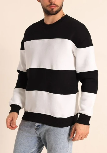 Erkek 3 iplik pamuklu Parçalı Bisiklet Yaka SweatShirt - Siyah ürün görseli 1