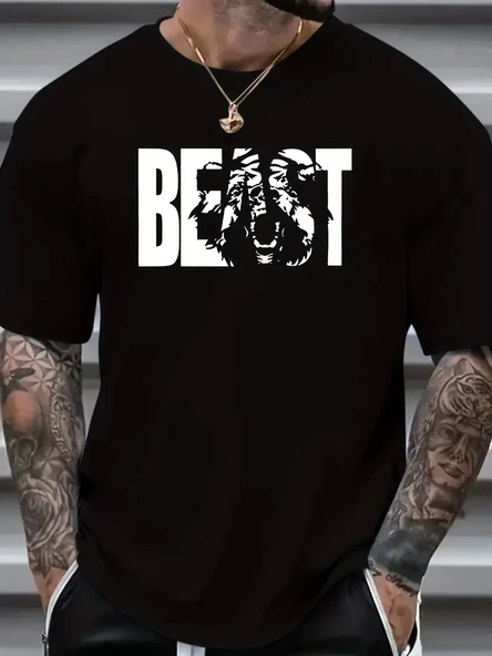 Erkek Baskılı Tişört Kısa Kol Bisiklet Yaka Oversize T-Shirt - Siyah ürün görseli 1