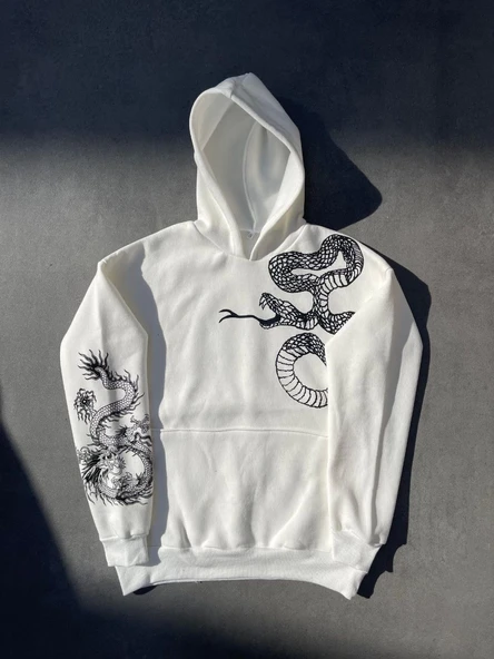 Kadın Oversize Kapüşonlu Kanguru Cepli Baskılı 3 İplik Pamuklu Sweatshirt Hoodie -   Beyaz ürün görseli 1