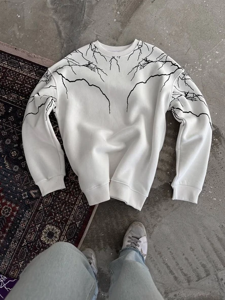 Kadın 3 iplik pamuklu Yıldırım Baskılı Bisiklet Yaka SweatShirt - Beyaz ürün görseli 1