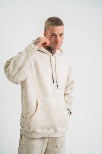 ERKEK  3 iplik Pamuklu Oversize Kapşonlu Yıkamalı SweatShirt Hoodie - Krem ürün görseli 1