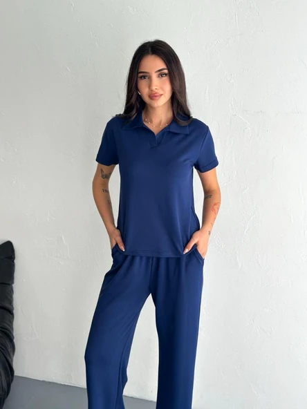 Kadın Osy Modal Yumuşak Dokulu Kısa Kollu Yakalı Pantolon ikili Takım - Lacivert ürün görseli 1