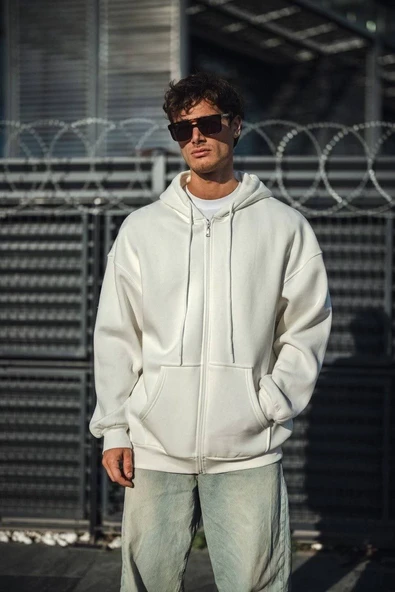 Erkek Tam Fermuarlı Cepli Kapüşonlu 3 iplik pamuklu hoodie Sweatshirt - Beyaz ürün görseli 1