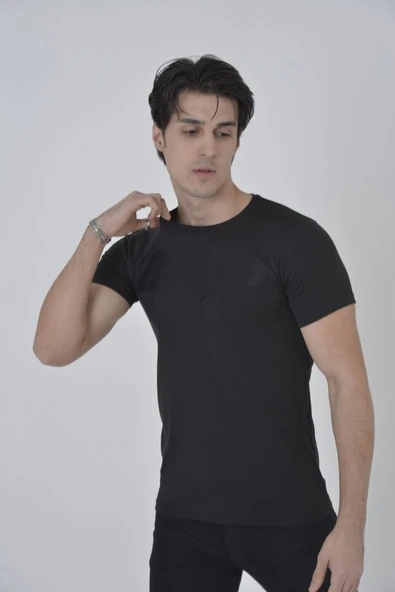 Erkek Göğüs File Aksesuarlı T-shirt - Siyah ürün görseli 1