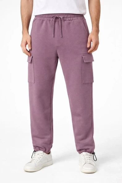 Erkek Baggy 3 İplik Kargo Cepli Eşofman Altı Ayarlanabilir Paça Pantolon - Gül Kurusu ürün görseli 1