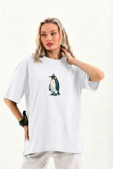 Kadın T-Shirt Penguen Baskılı Bisiklet Yaka Kısa kol yazlık Tişört - Beyaz ürün görseli 1