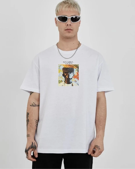 Erkek Kısa Kol Yazlık Tişört Bisiklet Yaka Baskılı Oversize T-Shirt - Beyaz ürün görseli 1