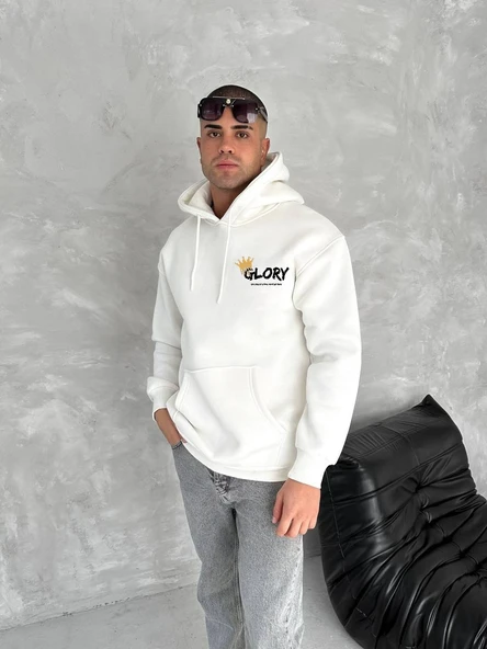 Erkek Kapüşonlu Kanguru Cepli Sweatshirt 3 İplik Pamuklu Baskılı Hoodie - Beyaz ürün görseli 1